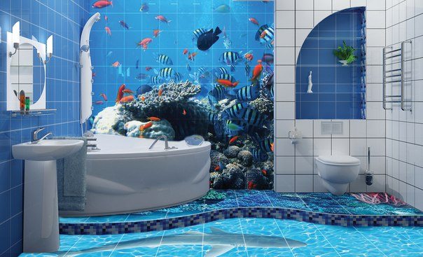 Яркая голубая ванная комната