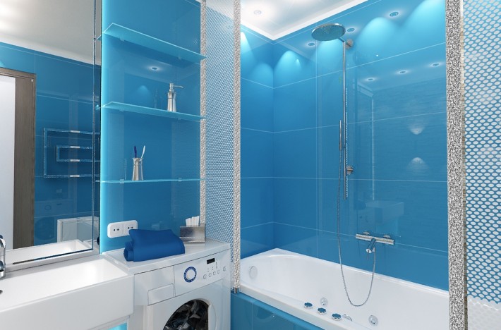 дизайн ванной в сине-белых тонах