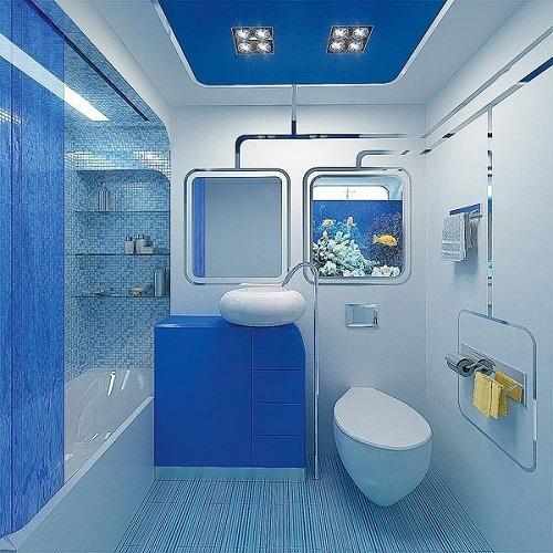 Красивое оформление ванной комнаты в синих тонах