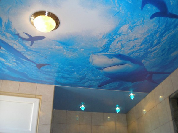 Натяжной художественный потолок в ванной