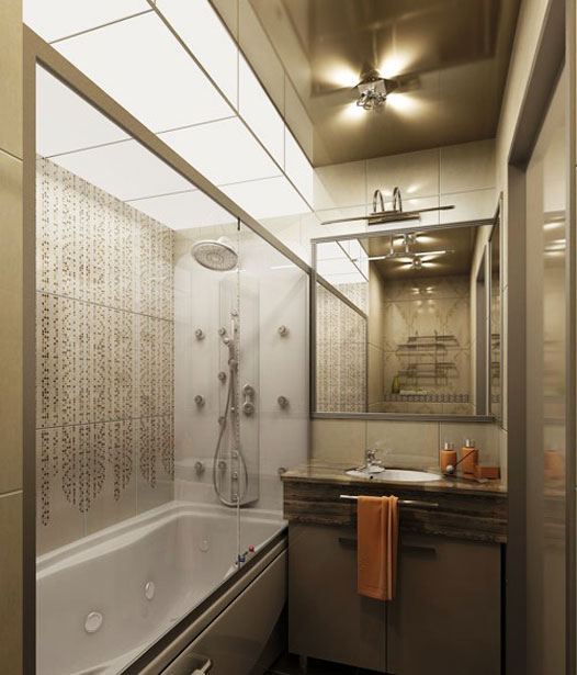 Точечные светильники на потолке с направленным светом дополняет светящаяся панель над ванной