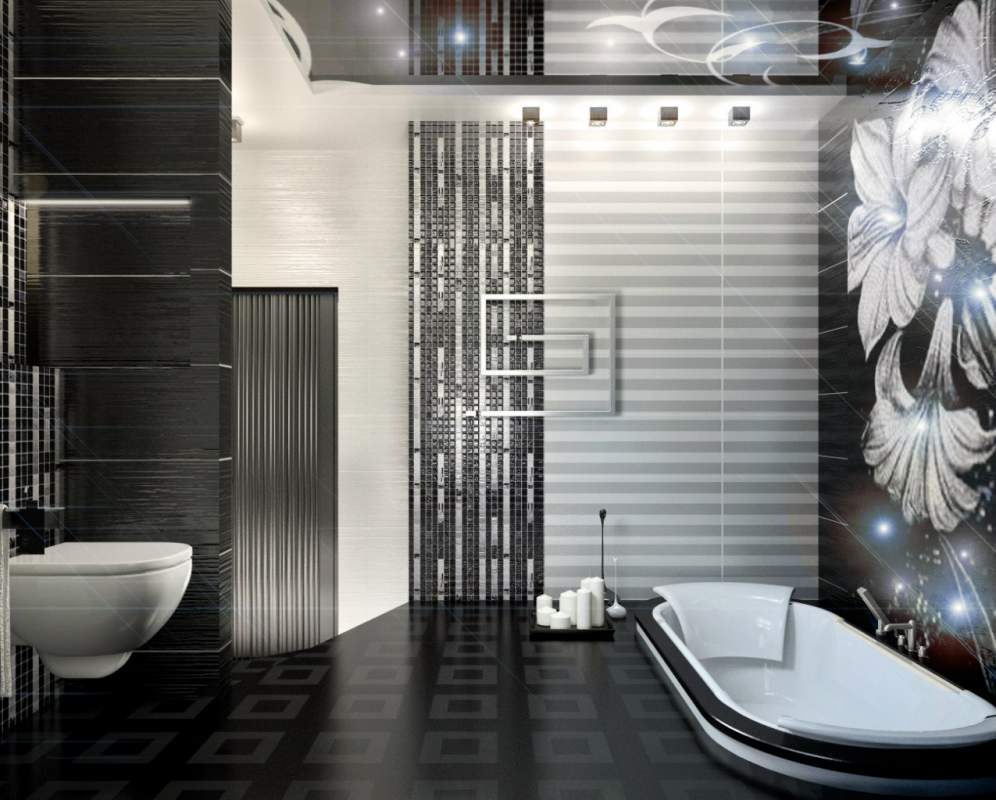 Черно белое оформление ванной комнаты