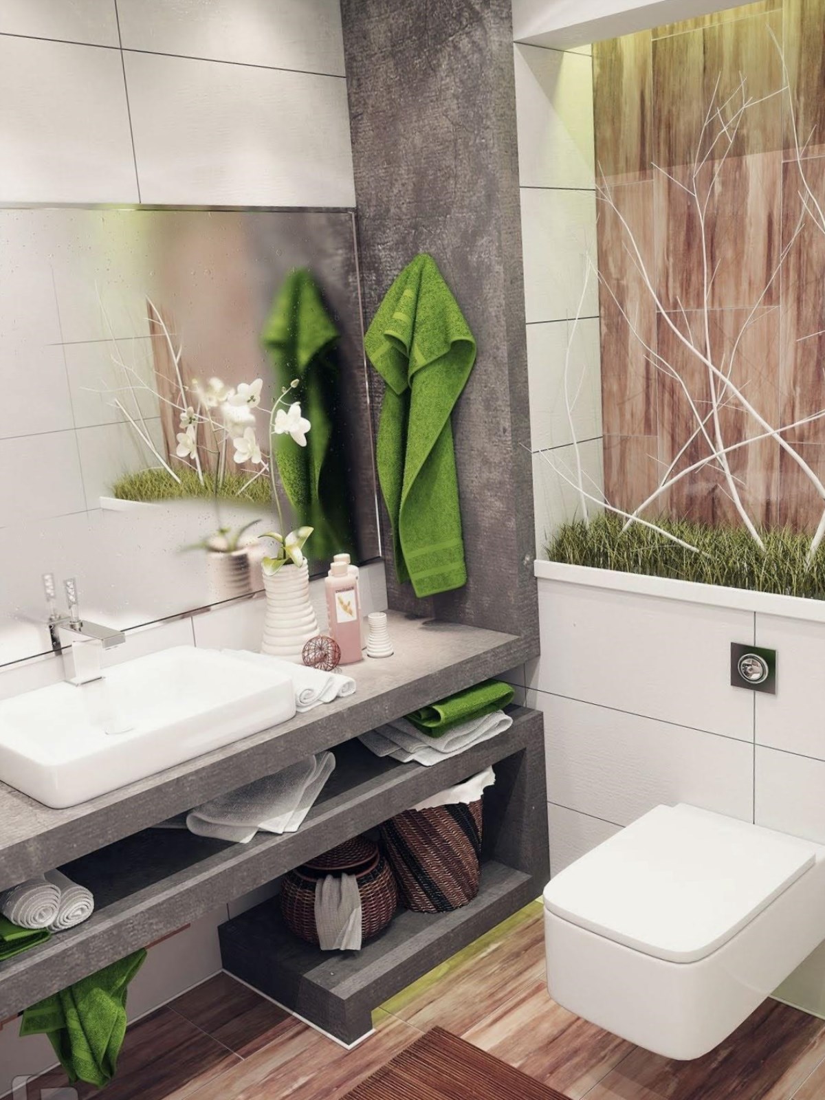 Яркий декор ванной комнаты с помощью зеленого цвета